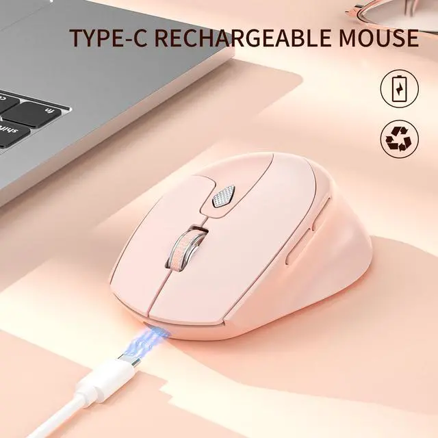 Alt view image 2 of 7 - M7 Bluetooth Mouse, Rechargeable Dual Mode BT5.1+ 2.4GHz USB Silent Wireless Bluetooth Mouse with Type C Adapter & Battery Indicator, Ergonomic Design for Laptop, iPad, MacBook - Light Pink