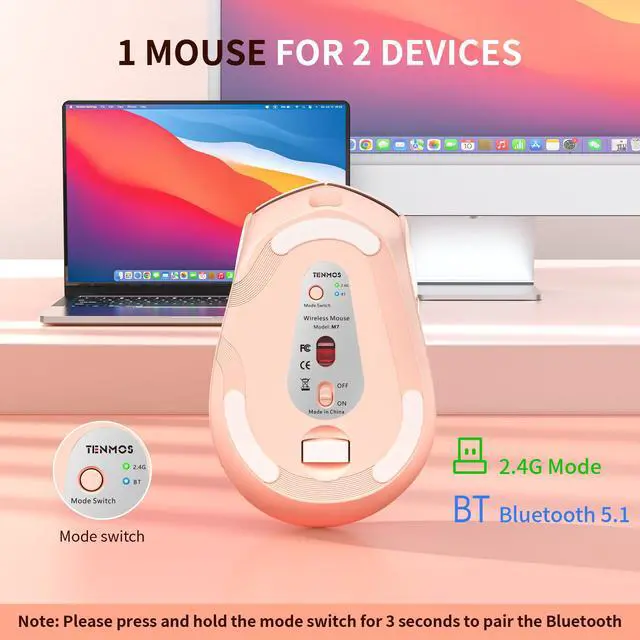 Alt view image 3 of 7 - M7 Bluetooth Mouse, Rechargeable Dual Mode BT5.1+ 2.4GHz USB Silent Wireless Bluetooth Mouse with Type C Adapter & Battery Indicator, Ergonomic Design for Laptop, iPad, MacBook - Light Pink