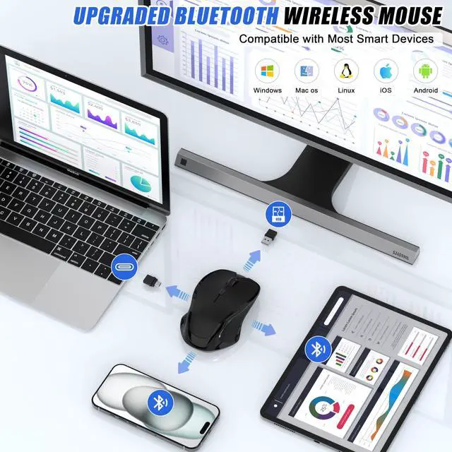 Alt view image 2 of 7 - Wireless Bluetooth Mouse for Mac Pro MacBook, Ergonomic Rechargeable Mice with Jiggler Mode, 2-Mode Bluetooth 5.2/3.0 & 2.4G USB-A/USB-C Receiver, Silent Optical Mouse for iPad PC Laptop, Black