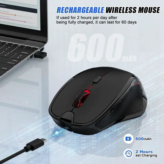 Alt view image 5 of 7 - Wireless Bluetooth Mouse for Mac Pro MacBook, Ergonomic Rechargeable Mice with Jiggler Mode, 2-Mode Bluetooth 5.2/3.0 & 2.4G USB-A/USB-C Receiver, Silent Optical Mouse for iPad PC Laptop, Black