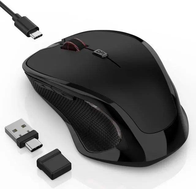 Main image of Wireless Bluetooth Mouse for Mac Pro MacBook, Ergonomic Rechargeable Mice with Jiggler Mode, 2-Mode Bluetooth 5.2/3.0 & 2.4G USB-A/USB-C Receiver, Silent Optical Mouse for iPad PC Laptop, Black