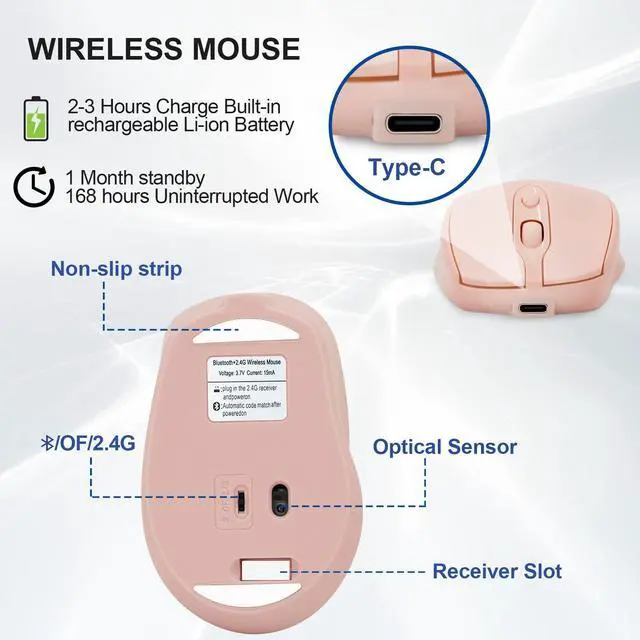 Alt view image 4 of 7 - Rechargeable Wireless Mouse, Bluetooth for Laptop/iPad/MacBook Pro/Air, Silent for PC/Surface Pro/Lenovo/Samsung Tablet, Slim Portable Computer Mouse (Pink)