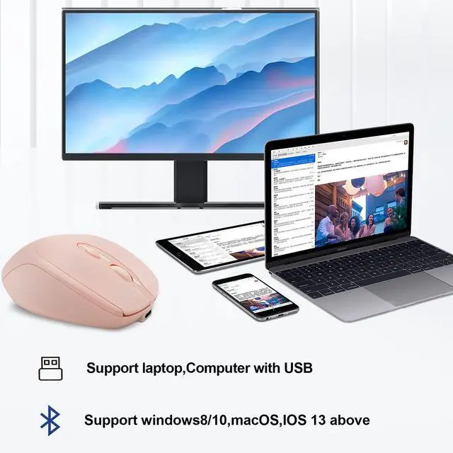 Alt view image 7 of 7 - Rechargeable Wireless Mouse, Bluetooth for Laptop/iPad/MacBook Pro/Air, Silent for PC/Surface Pro/Lenovo/Samsung Tablet, Slim Portable Computer Mouse (Pink)