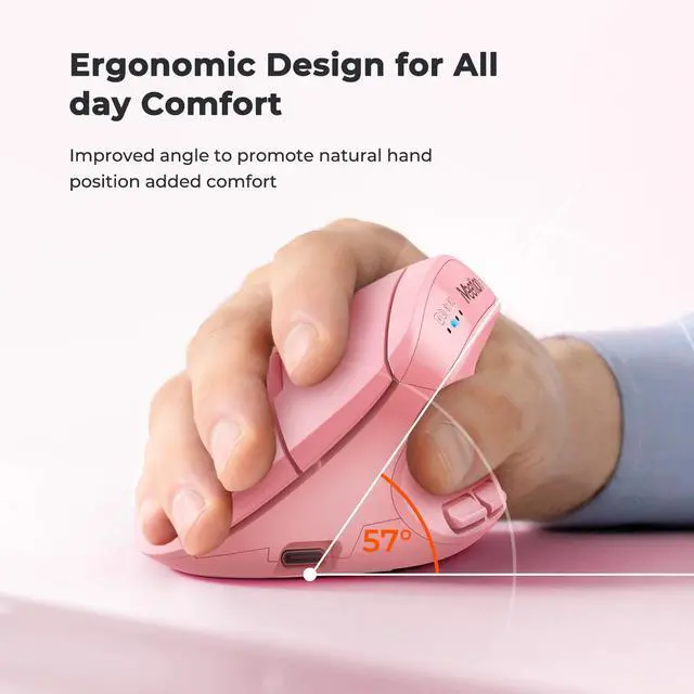 Alt view image 2 of 7 - Pink Wireless Ergonomic Mouse, Bluetooth Vertical Rechargeable Mice, 4 Adjustable DPI 800-2400, Bluetooth 5.2+5.2+USB Mouse for Windows/Mac, for Laptop/PC/Desktop/Computer/iPad