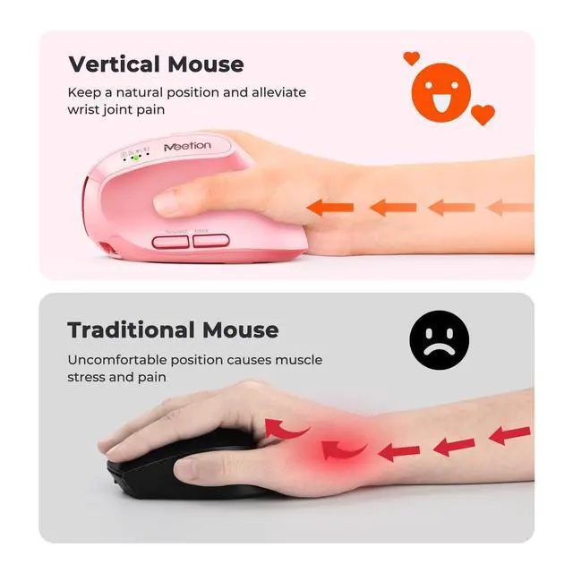 Alt view image 3 of 7 - Pink Wireless Ergonomic Mouse, Bluetooth Vertical Rechargeable Mice, 4 Adjustable DPI 800-2400, Bluetooth 5.2+5.2+USB Mouse for Windows/Mac, for Laptop/PC/Desktop/Computer/iPad