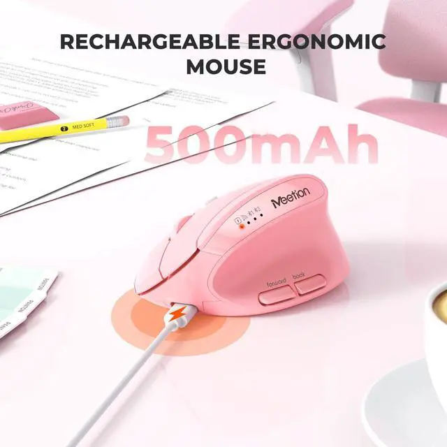 Alt view image 5 of 7 - Pink Wireless Ergonomic Mouse, Bluetooth Vertical Rechargeable Mice, 4 Adjustable DPI 800-2400, Bluetooth 5.2+5.2+USB Mouse for Windows/Mac, for Laptop/PC/Desktop/Computer/iPad