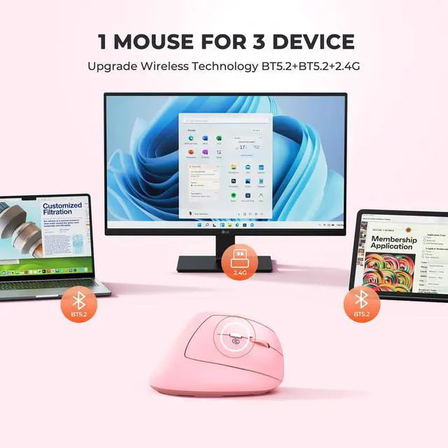 Alt view image 6 of 7 - Pink Wireless Ergonomic Mouse, Bluetooth Vertical Rechargeable Mice, 4 Adjustable DPI 800-2400, Bluetooth 5.2+5.2+USB Mouse for Windows/Mac, for Laptop/PC/Desktop/Computer/iPad