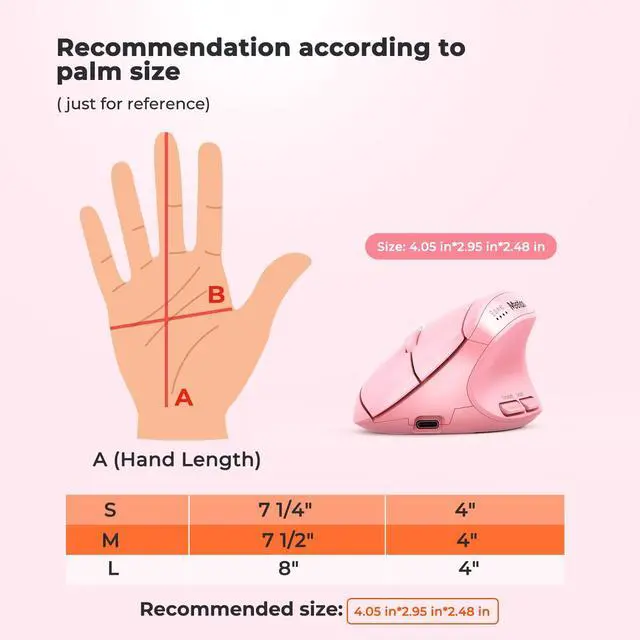 Alt view image 7 of 7 - Pink Wireless Ergonomic Mouse, Bluetooth Vertical Rechargeable Mice, 4 Adjustable DPI 800-2400, Bluetooth 5.2+5.2+USB Mouse for Windows/Mac, for Laptop/PC/Desktop/Computer/iPad