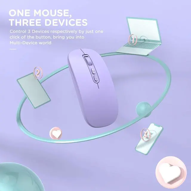 Alt view image 2 of 7 - Bluetooth Wireless Mouse, Rechargeable Multi-Device(Tri-Mode: BT1/BT2+2.4G) Computer Mice with USB Receiver, Slim Silent Mouse for Laptop/MacBook/Chromebook/Surface Pro/iPad Pro(Purple)
