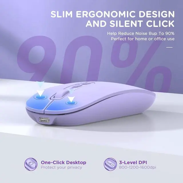 Alt view image 3 of 7 - Bluetooth Wireless Mouse, Rechargeable Multi-Device(Tri-Mode: BT1/BT2+2.4G) Computer Mice with USB Receiver, Slim Silent Mouse for Laptop/MacBook/Chromebook/Surface Pro/iPad Pro(Purple)