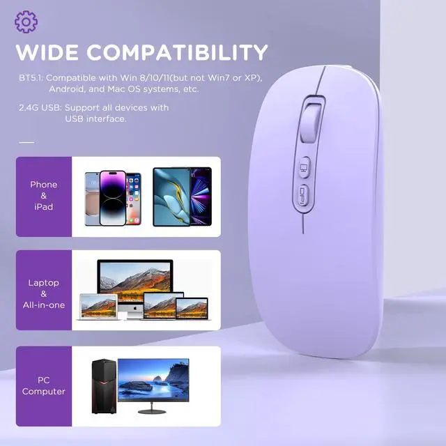 Alt view image 5 of 7 - Bluetooth Wireless Mouse, Rechargeable Multi-Device(Tri-Mode: BT1/BT2+2.4G) Computer Mice with USB Receiver, Slim Silent Mouse for Laptop/MacBook/Chromebook/Surface Pro/iPad Pro(Purple)