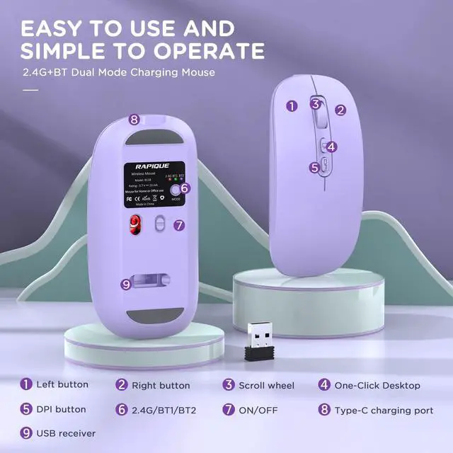 Alt view image 6 of 7 - Bluetooth Wireless Mouse, Rechargeable Multi-Device(Tri-Mode: BT1/BT2+2.4G) Computer Mice with USB Receiver, Slim Silent Mouse for Laptop/MacBook/Chromebook/Surface Pro/iPad Pro(Purple)
