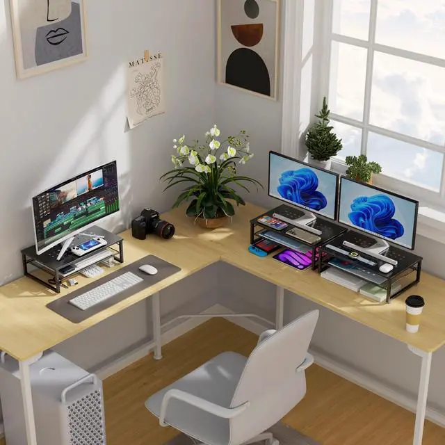 Alt view image 7 of 7 - Desk Organizers and Accessories, 2-Tier Metal Monitor Stand Riser, Desk Organizer for Monitor, Office Desk Storage Organizer for Office Supplies (Black)