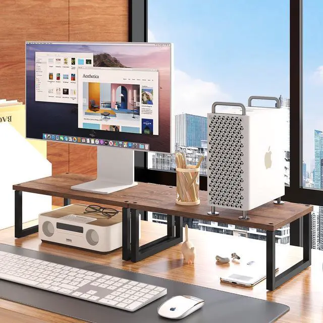 Alt view image 2 of 7 - 2 Pack Monitor Stand Riser, Wood Desk Storage Organizer for Office Laptop, Computer, Antique Brown