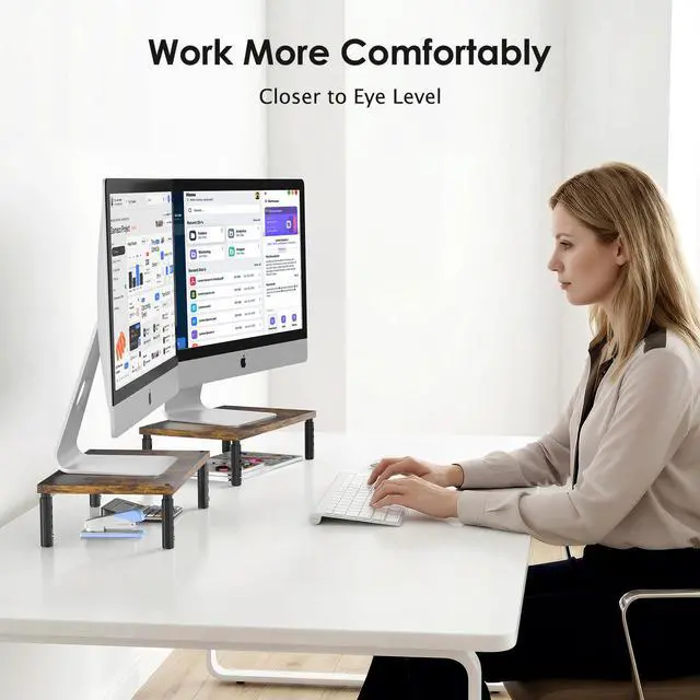 Alt view image 4 of 7 - Adjustable Monitor Stand Riser for Desk, Computer & Laptop Stand, Desk Organizers and Accessories, Office Desk Accessories & Workspace Organizer for Home Office, Brown Wood