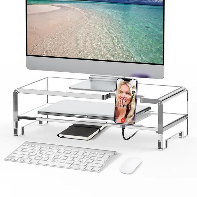 Main image of Acrylic Monitor Stand Riser Acrylic Laptop Stand Clear Computer Stand Laptop Riser with Storage Desk Organizer Accessories for Home and Office