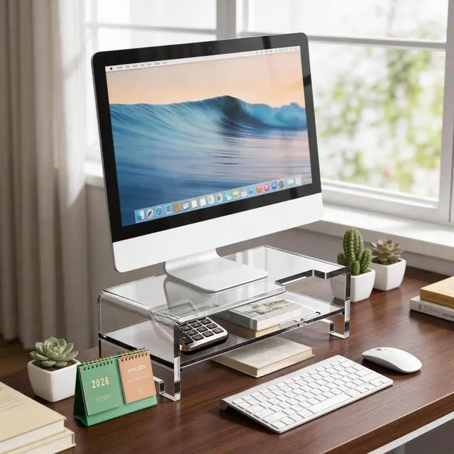 Alt view image 7 of 7 - Acrylic Monitor Stand Riser Acrylic Laptop Stand Clear Computer Stand Laptop Riser with Storage Desk Organizer Accessories for Home and Office