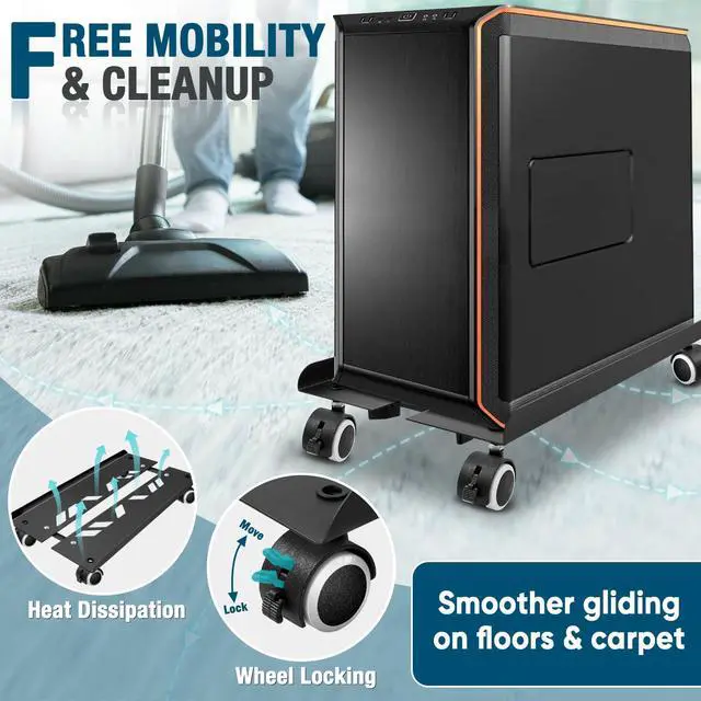 Alt view image 4 of 7 - Computer Tower Stand, Adjustable PC Stand, Heavy-Duty Mobile CPU Tower Holder with Rolling Caster Wheels, Fits Most Gaming Desk Floor