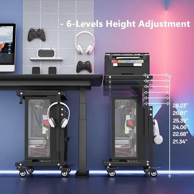 Alt view image 3 of 6 - Computer Tower Stand, 6 Level Height Ajustable PC Tower Stand for Floor, Mobile Rolling CPU Holder Cart for Gaming Office Home,21.34"-28.3", Black