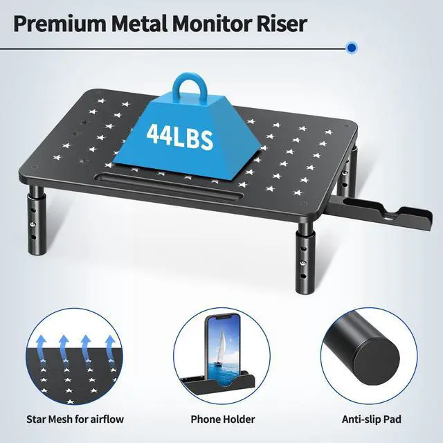 Alt view image 5 of 7 - 2 Pack Monitor Stand , 3 Height Adjustable Stand with Unique Star Mesh for Computer, Laptop, Printer, Notebook, iMac, Premium Metal Monitor Risers for 2 Monitors