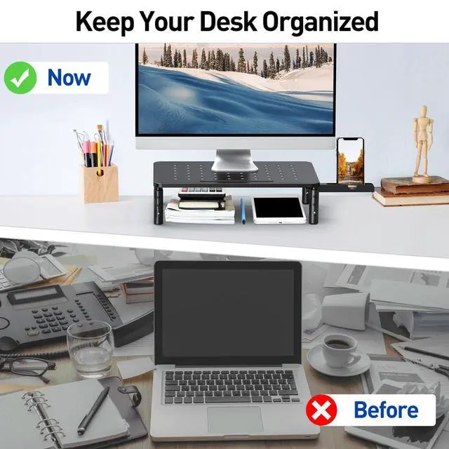 Alt view image 6 of 7 - 2 Pack Monitor Stand , 3 Height Adjustable Stand with Unique Star Mesh for Computer, Laptop, Printer, Notebook, iMac, Premium Metal Monitor Risers for 2 Monitors