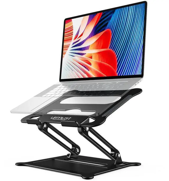 Main image of Urmust Aluminum Laptop Stand, Portable Laptop Riser, Adjustable Laptop Stand for Desk Foldable, Ergonomic Computer Notebook Holder for MacBook Air Pro HP, Office Desk (10-15.6'')- Black