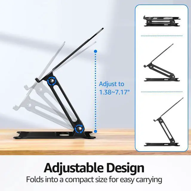 Alt view image 4 of 7 - Urmust Aluminum Laptop Stand, Portable Laptop Riser, Adjustable Laptop Stand for Desk Foldable, Ergonomic Computer Notebook Holder for MacBook Air Pro HP, Office Desk (10-15.6'')- Black