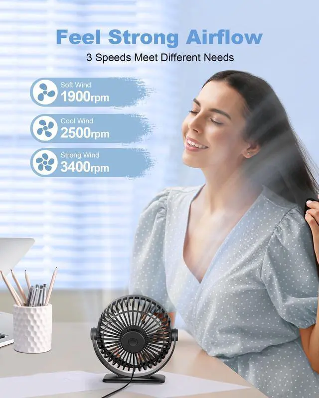 Alt view image 3 of 7 - Desk Fan 2 Pack Black USB Powered Small Portable Fan, 3 Speeds Adjustable Strong Breeze Mini Personal Fan, 360° Rotation Quiet Plug In USB Fan for Desktop Bedroom Office Table Travel, 4.5in