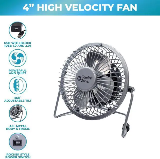 Alt view image 2 of 7 - 4-inch All-Metal Desk Fan with USB or Power Cord, Single Speed, 360 Degree Adjustable Tilt, Compact & Durable Mini Electric Fan for Home, Office or Travel Use, Black