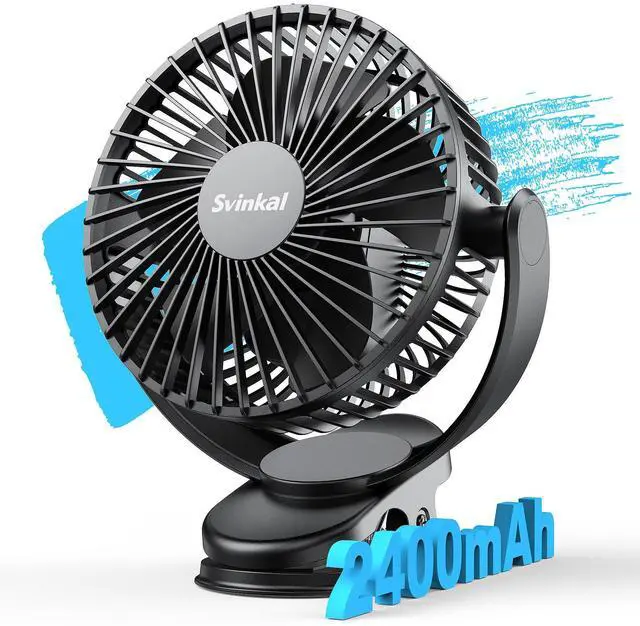 Main image of USB Portable Clip on Fan, 2400mAh Battery Type-C 6in, 3 Speed 720° Tilting Head, Black Personal Rechargeable Fan for Desk, Bedside, Golf Cart, Baby Stroller, Indoor & Outdoor Use