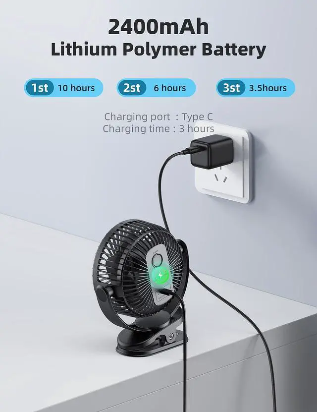 Alt view image 3 of 7 - USB Portable Clip on Fan, 2400mAh Battery Type-C 6in, 3 Speed 720° Tilting Head, Black Personal Rechargeable Fan for Desk, Bedside, Golf Cart, Baby Stroller, Indoor & Outdoor Use