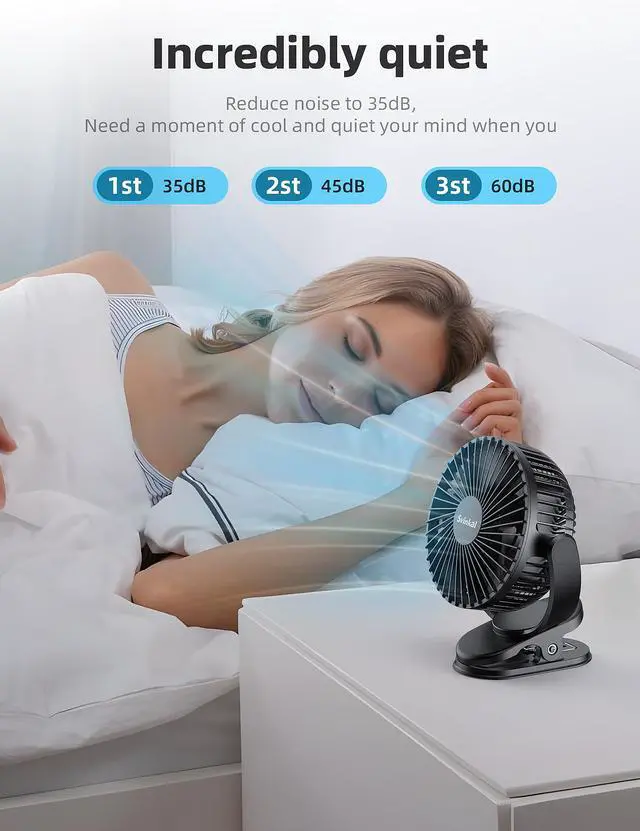 Alt view image 2 of 7 - USB Portable Clip on Fan, 2400mAh Battery Type-C 6in, 3 Speed 720° Tilting Head, Black Personal Rechargeable Fan for Desk, Bedside, Golf Cart, Baby Stroller, Indoor & Outdoor Use