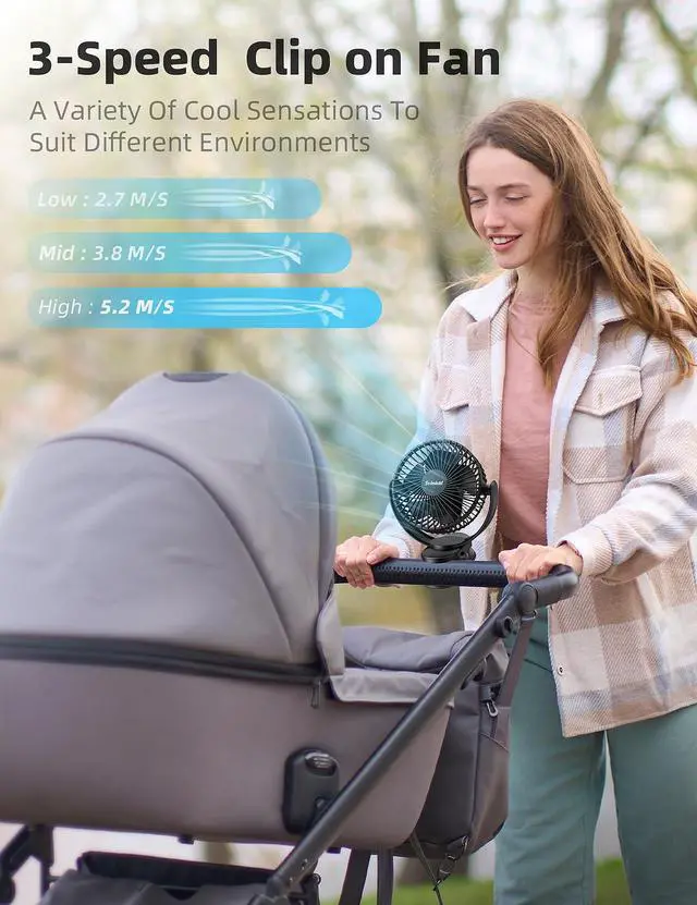 Alt view image 5 of 7 - USB Portable Clip on Fan, 2400mAh Battery Type-C 6in, 3 Speed 720° Tilting Head, Black Personal Rechargeable Fan for Desk, Bedside, Golf Cart, Baby Stroller, Indoor & Outdoor Use