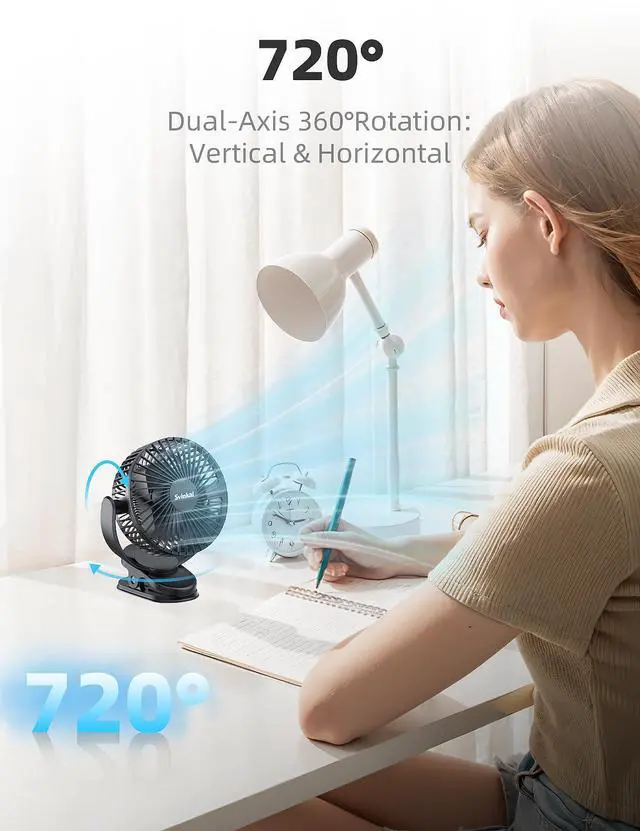 Alt view image 6 of 7 - USB Portable Clip on Fan, 2400mAh Battery Type-C 6in, 3 Speed 720° Tilting Head, Black Personal Rechargeable Fan for Desk, Bedside, Golf Cart, Baby Stroller, Indoor & Outdoor Use