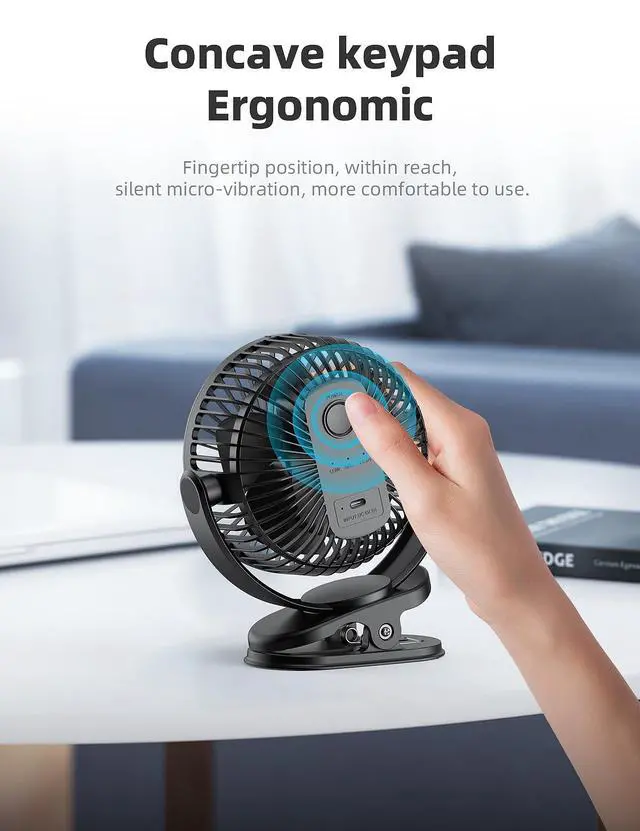 Alt view image 7 of 7 - USB Portable Clip on Fan, 2400mAh Battery Type-C 6in, 3 Speed 720° Tilting Head, Black Personal Rechargeable Fan for Desk, Bedside, Golf Cart, Baby Stroller, Indoor & Outdoor Use