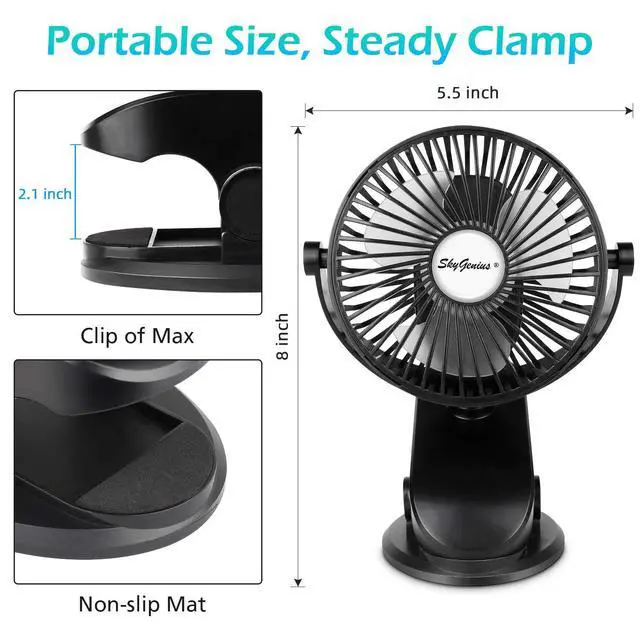 Alt view image 2 of 7 - Battery Operated Stroller Fan, Rechargeable USB Powered Mini Clip on Desk Fan