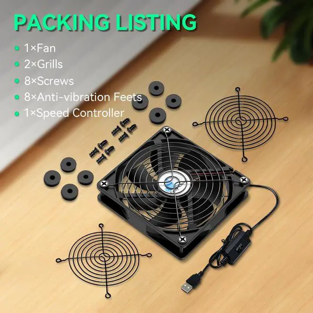 Alt view image 2 of 7 - USB Computer Fan, 120mm USB Fan with 3 Speeds Controller Small PC USB Fans for Cooling Cabinet Case Receiver Server DVR Greenhouse TV Router Xbox PlayStation