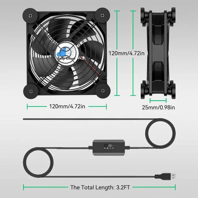 Alt view image 7 of 7 - USB Computer Fan, 120mm USB Fan with 3 Speeds Controller Small PC USB Fans for Cooling Cabinet Case Receiver Server DVR Greenhouse TV Router Xbox PlayStation
