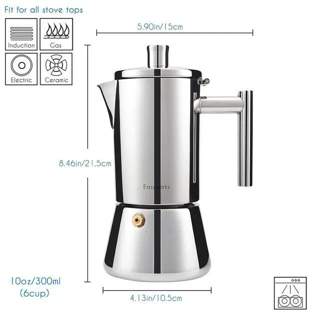 Alt view image 2 of 7 - Diego Stovetop Espresso Maker Stainless Steel Italian Coffee Machine Maker 6Cup 10 oz Moka Pot Induction Espresso Pot