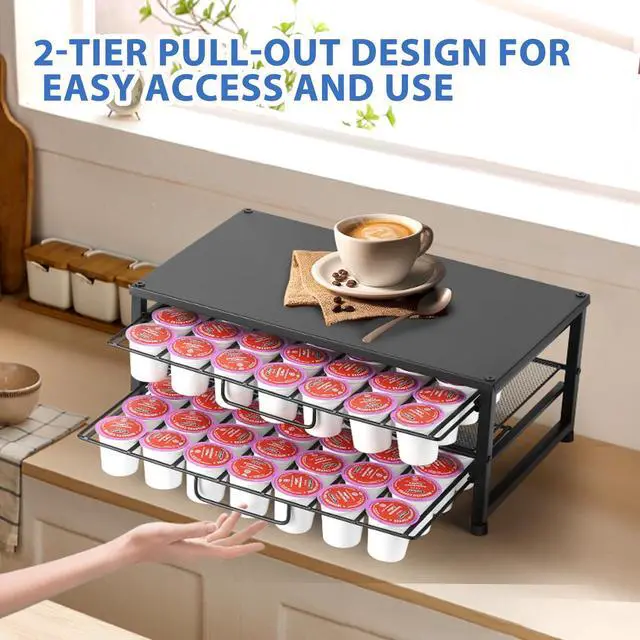 Alt view image 5 of 6 - K Cup Holder Organizer for 70 Pods, 2-Tier Coffee Pod Holder for K-Cup with 2 Sliding Storage Drawers, Coffee Station Bar Organizer for Kitchen Countertop, Home & Office, Frosted Black