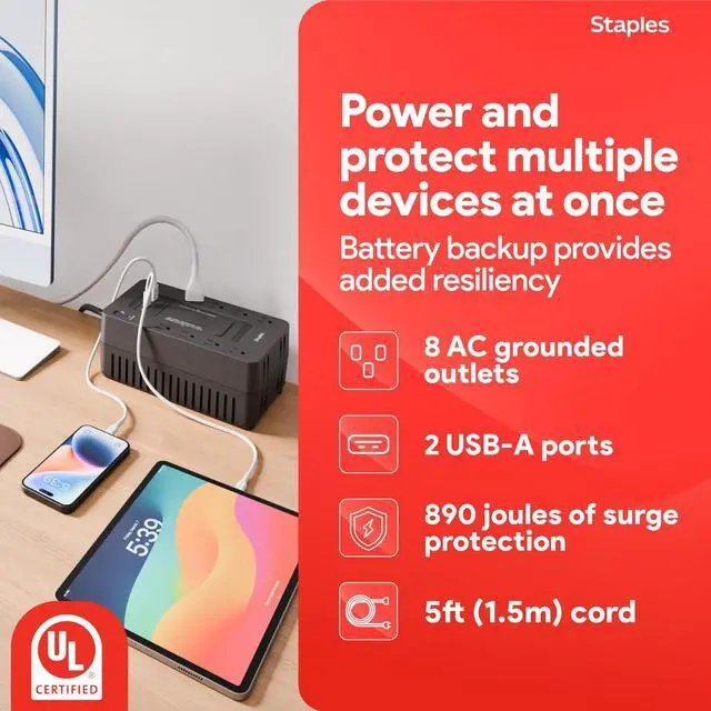 Alt view image 2 of 7 - 650VA UPS Battery Backup with 8 Outlets Standby Power Supply & Surge Protection for Computers, Routers & Home Office Electronics, Black