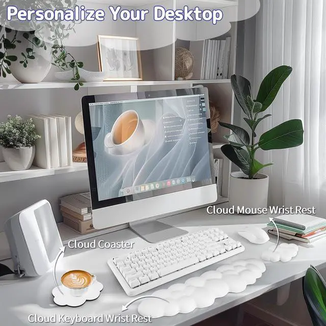 Alt view image 2 of 7 - Cloud Wrist Rest Keyboard, Cloud Keyboard Wrist Pad Set with PU Leather Memory Foam, Cute Arm Rest for Palm Support, PC/Gaming Desk Accessories/Office Setup/Computer Hand Cushion - White