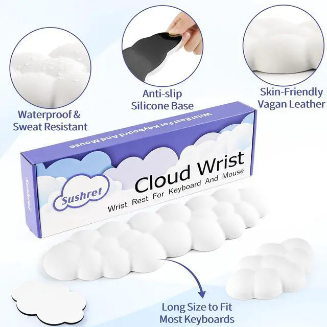 Alt view image 5 of 7 - Cloud Wrist Rest Keyboard, Cloud Keyboard Wrist Pad Set with PU Leather Memory Foam, Cute Arm Rest for Palm Support, PC/Gaming Desk Accessories/Office Setup/Computer Hand Cushion - White