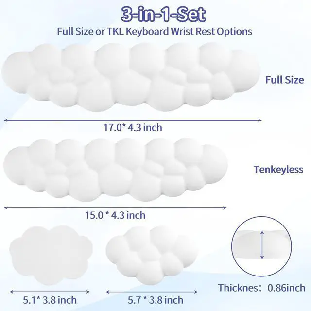 Alt view image 7 of 7 - Cloud Wrist Rest Keyboard, Cloud Keyboard Wrist Pad Set with PU Leather Memory Foam, Cute Arm Rest for Palm Support, PC/Gaming Desk Accessories/Office Setup/Computer Hand Cushion - White
