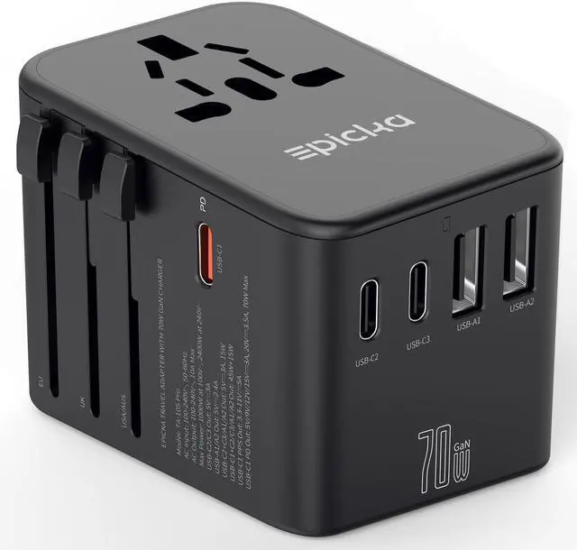 Main image of Universal Travel Adapter, GaN International Plug Adapter with 3 USB-C 70W PD Fast Charging & 2 USB-A Adaptor All-in-one Wall Charger for USA EU UK AUS (TA-105 Pro, Black)