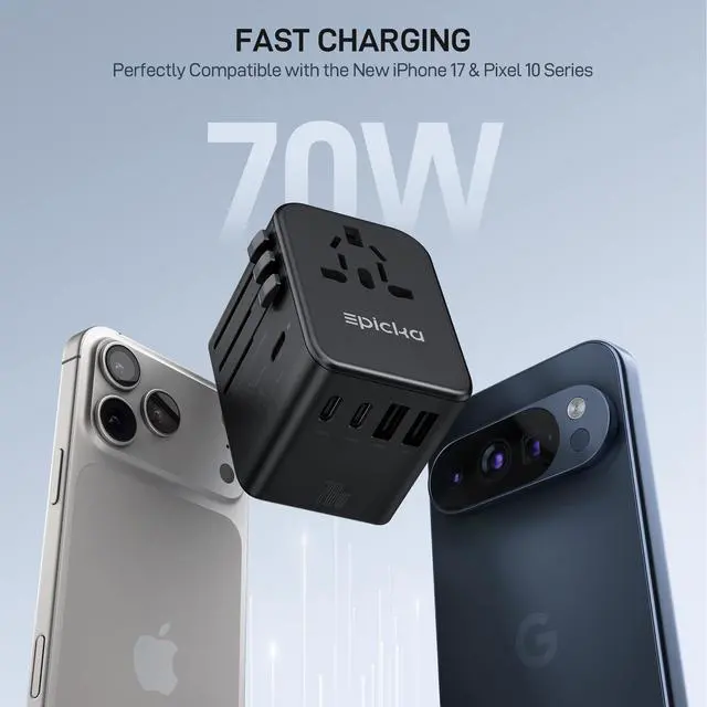 Alt view image 2 of 6 - Universal Travel Adapter, GaN International Plug Adapter with 3 USB-C 70W PD Fast Charging & 2 USB-A Adaptor All-in-one Wall Charger for USA EU UK AUS (TA-105 Pro, Black)