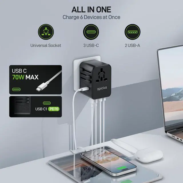 Alt view image 3 of 6 - Universal Travel Adapter, GaN International Plug Adapter with 3 USB-C 70W PD Fast Charging & 2 USB-A Adaptor All-in-one Wall Charger for USA EU UK AUS (TA-105 Pro, Black)