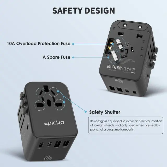 Alt view image 6 of 6 - Universal Travel Adapter, GaN International Plug Adapter with 3 USB-C 70W PD Fast Charging & 2 USB-A Adaptor All-in-one Wall Charger for USA EU UK AUS (TA-105 Pro, Black)