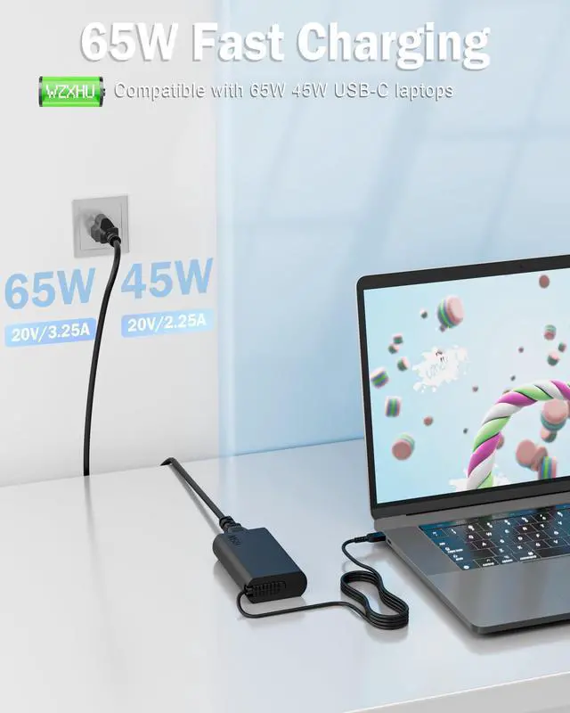 Alt view image 2 of 7 - 65W Slim USB-C Laptop Charger Compatible with Lenovo ThinkPad X1 Carbon T14 T16 E16, Yoga 7i 9i L13, ThinkBook 14 16, Chromebook Computer - Type C Fast Charging Travel Power Cord Ac Adapter