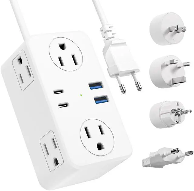Main image of European Travel Plug Adapter, EU/UK/US Travel Plug Adapter Power Strip, 6 AC Outlets, 4 USB Ports (2 USB C), 3ft Wrapped Around Extension Cord, Universal Travel Adapter